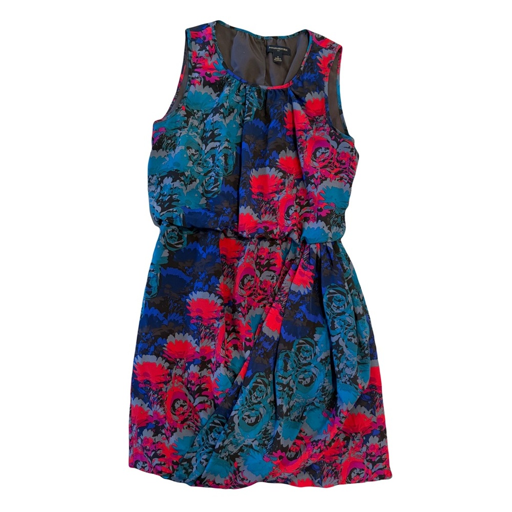 Banana Republic Vibrant Blue Pink Floral Draped Jersey Sleeveless Dress Size 0 - Picture 2 of 9